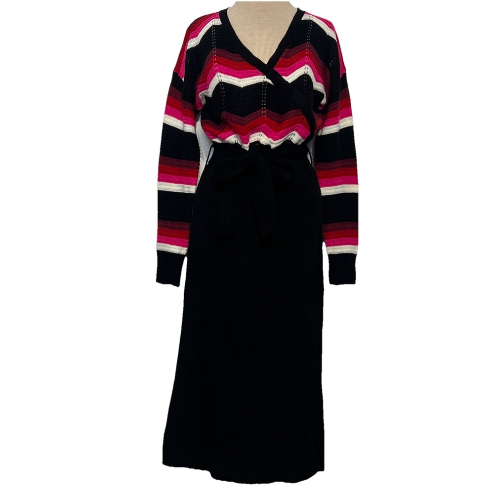 Crochetβ Chevron Belted Maxi Sweater Dress Long Sleeve Boho Festival Artisan XL